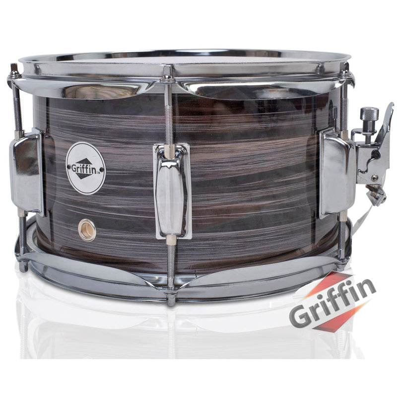 Popcorn Snare Drum by GRIFFIN - Firecracker Acoustic 10" x 6" Poplar Shell with Zebra Wood PVC - Soprano Mini Concert Marching Percussion Instrument