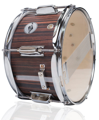 GRIFFIN Firecracker Snare Drum | Acoustic Popcorn 10" x 6" Poplar Mini Wood Shell & Black Hickory PVC | Concert Marching Percussion Musical Instrument with Deluxe Snare Throw Off, Drummers Key & Head