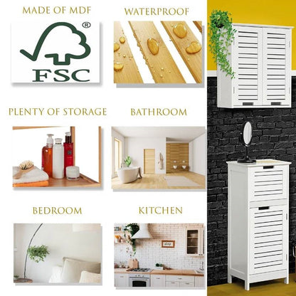 Wall-Mount Bathroom Storage Cabinet with Louver Doors in White Wood Finish