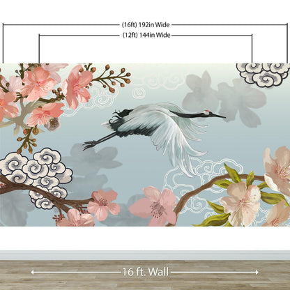Manchurian Crane Flying Over Cherry Blossoms Peel and Stick Wallpaper | Removable Wall Mural. #6205