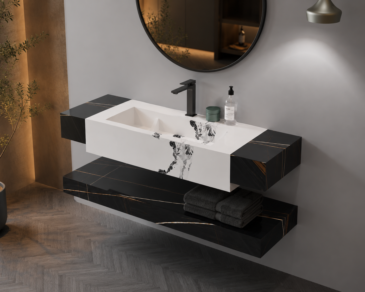 Modern bathroom vanity with black and white design, featuring a sink and mirror.