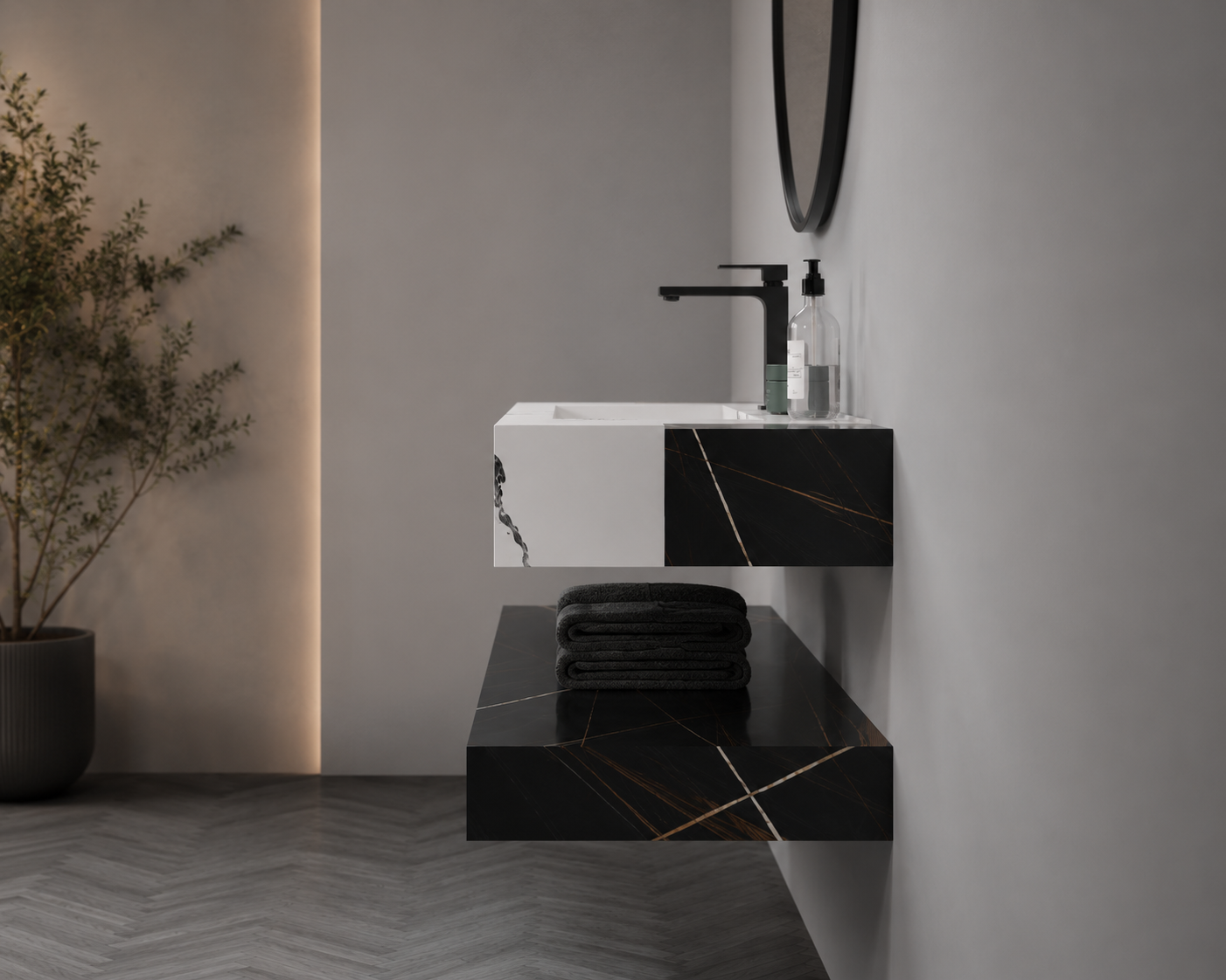 Modern bathroom setup with a black and white vanity, sink, and mirror.