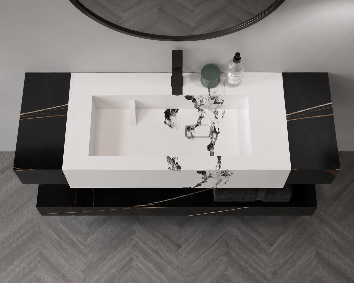 Modern bathroom sink with black and white design on a gray floor.