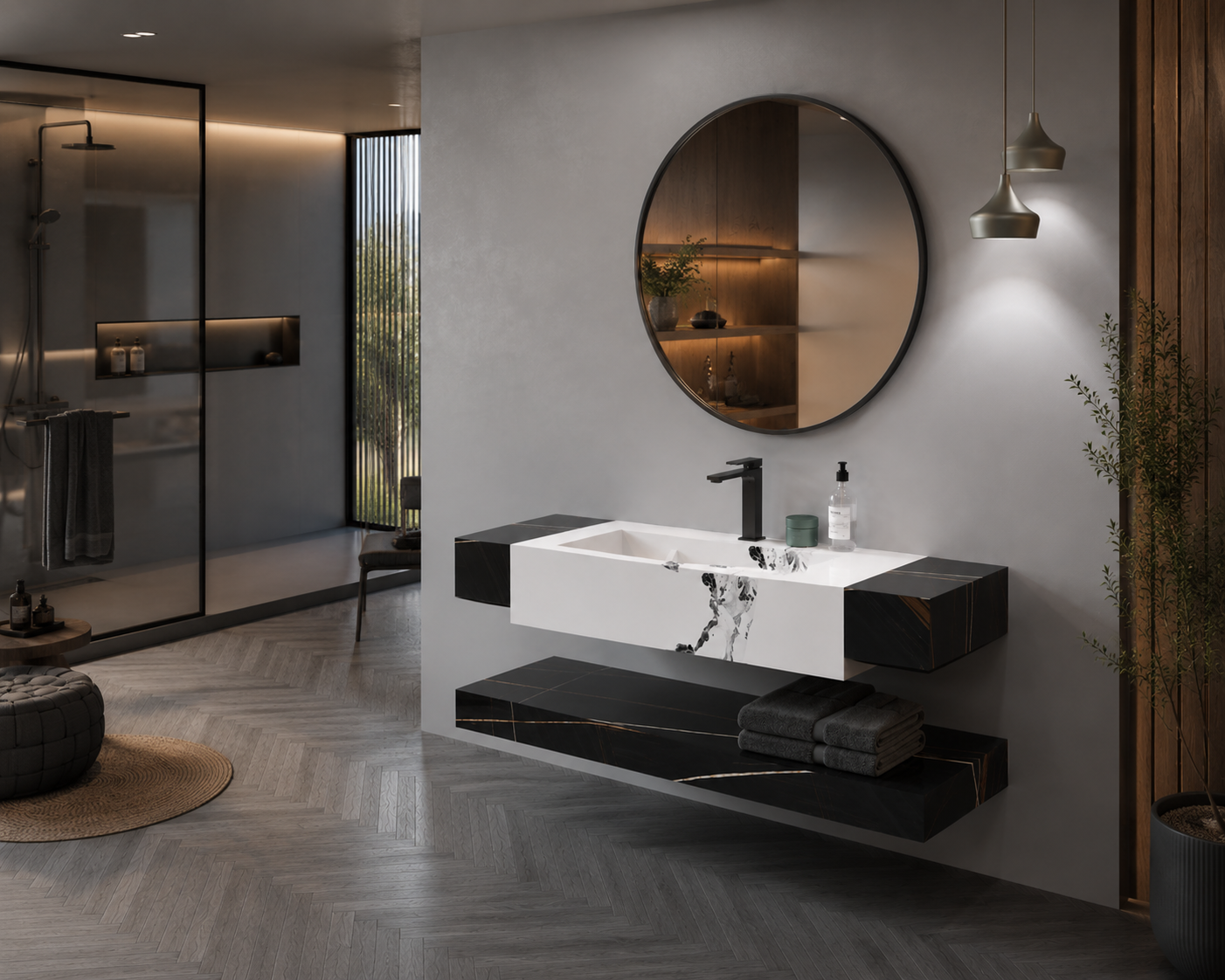 Modern bathroom with a black and white sink, round mirror, and wooden floor.