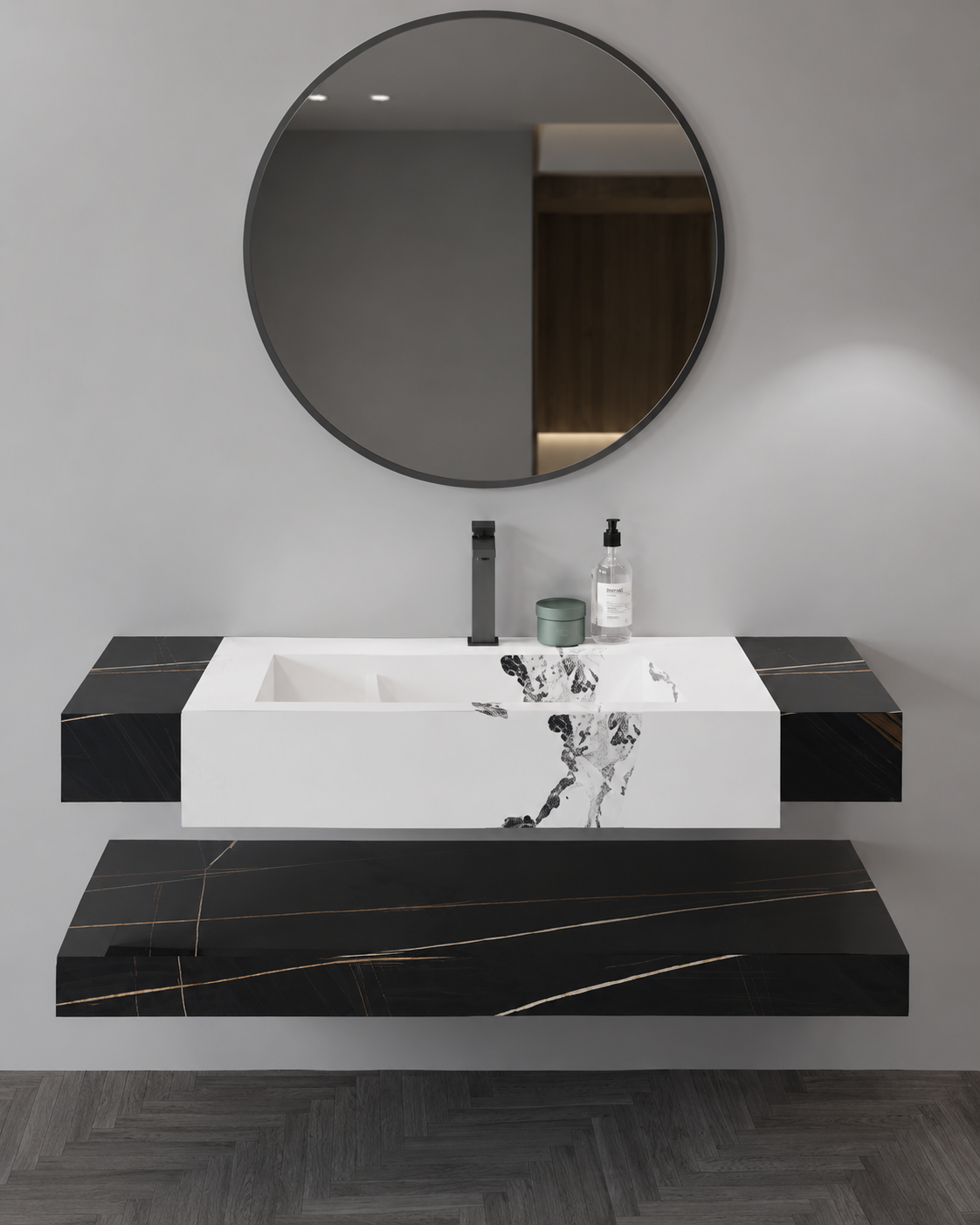 Modern bathroom vanity with black and white design, round mirror, and decorative elements.