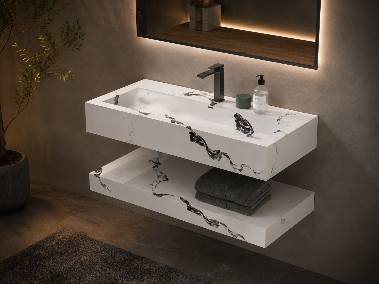 Modern bathroom vanity with sink, faucet, and decorative elements against a neutral wall.
