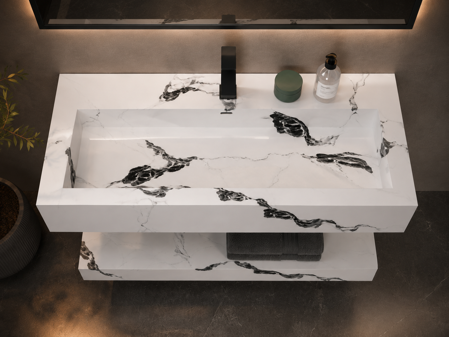 Bathroom vanity with marble-patterned countertop and sink.