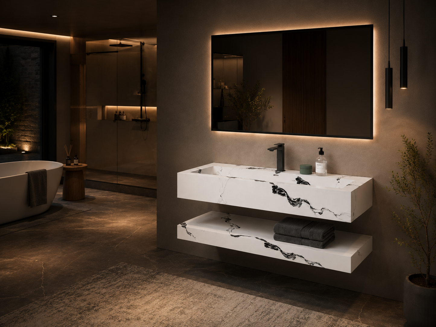 Modern bathroom with a white vanity and illuminated mirror.
