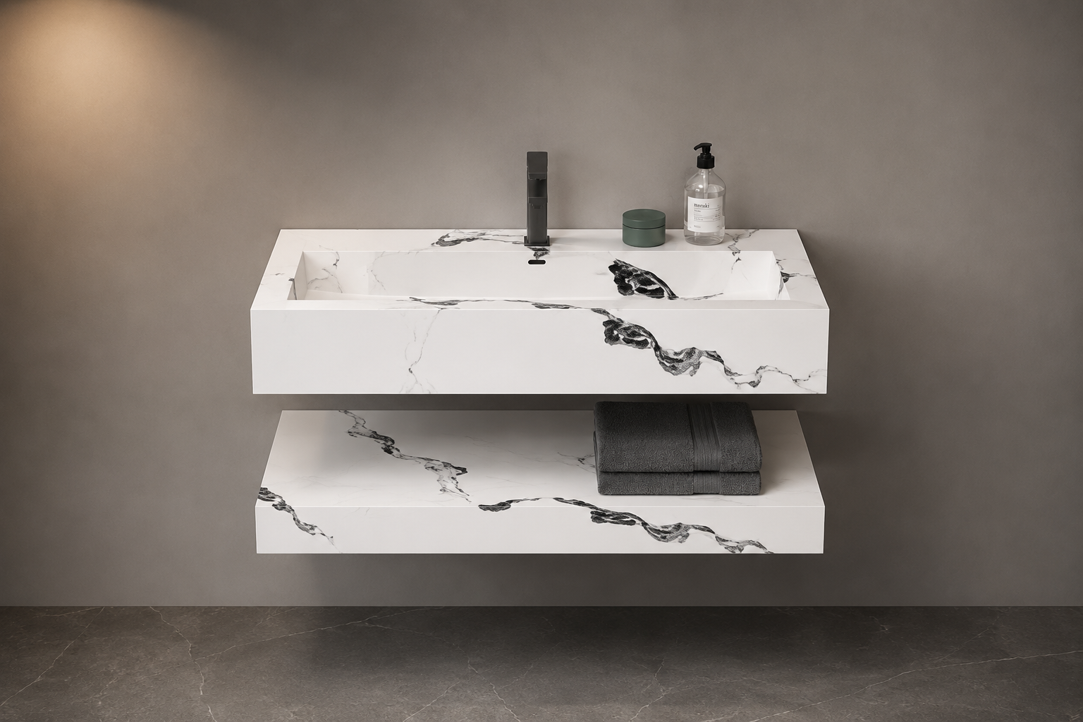 Marble-patterned bathroom vanity with sink and toiletries against a gray wall.