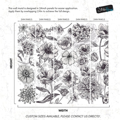 Black and White Flower Wallpaper Mural. #6676