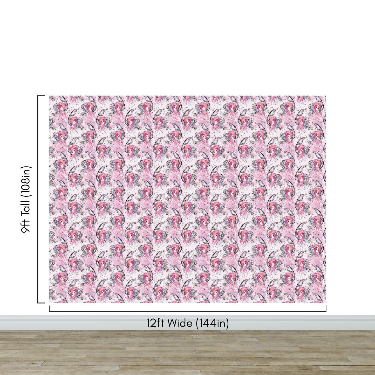 Pink Mermaid Wall Mural. Magical Cute Mermaid and Seahorse in Ocean Peel and Stick Wallpaper. #6371