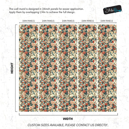 Botanical Flower Garden With Pastel Color Red, Green, Beige Background Wall Mural. #6771