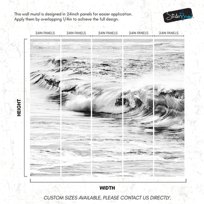 Ocean Wave Wallpaper. Black and White Surf Theme Wall Mural. #6709
