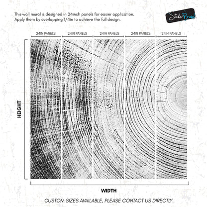 Tree Rings Wallpaper Mural. Black and White  Modern Wood Grain Circle Pattern. #7022
