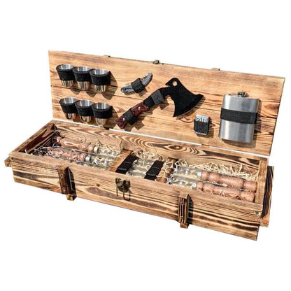 "Knight" Outdoor BBQ Skewers Set In a Wooden Case, 17 items