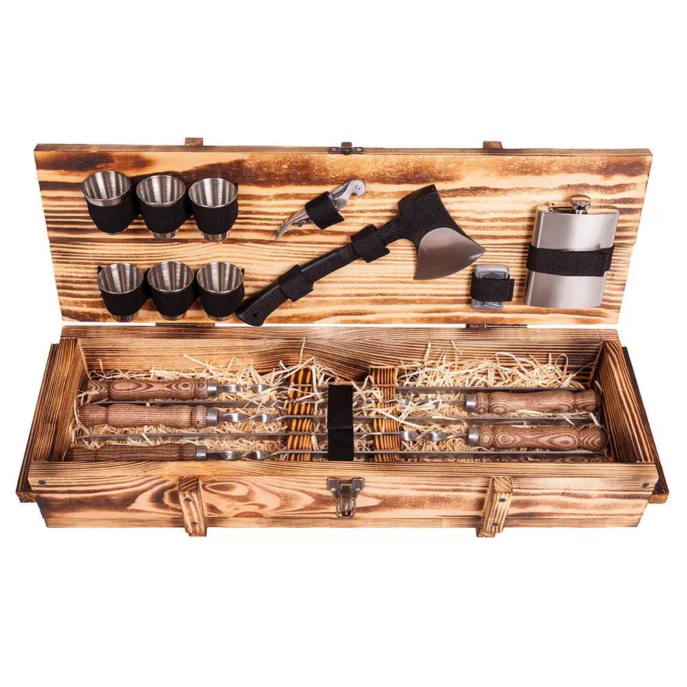 "Knight" Outdoor BBQ Skewers Set In a Wooden Case, 17 items