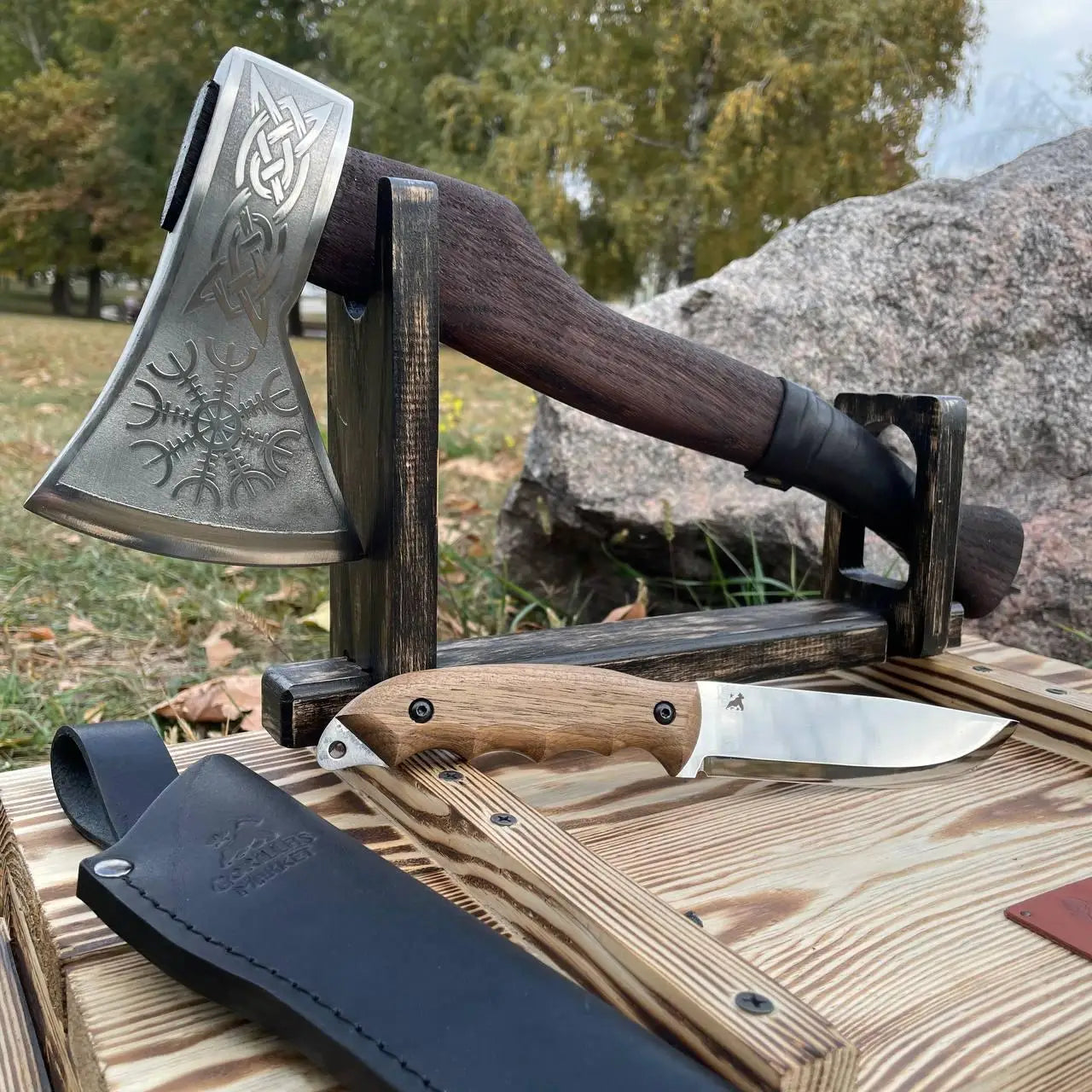 “Warrior" Camping Equipment Gift Set Hatchet Tools in a Wooden Case, 3 items