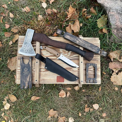“Warrior" Camping Equipment Gift Set Hatchet Tools in a Wooden Case, 3 items
