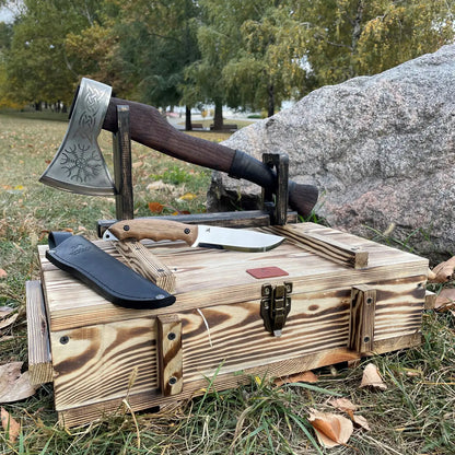 “Warrior" Camping Equipment Gift Set Hatchet Tools in a Wooden Case, 3 items