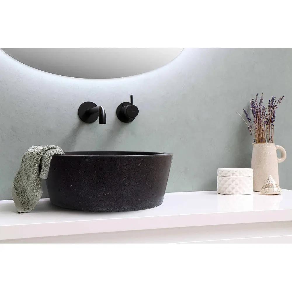 Black Handcrafted Andesite Vessel Sink Tapered Matte 16 Inch