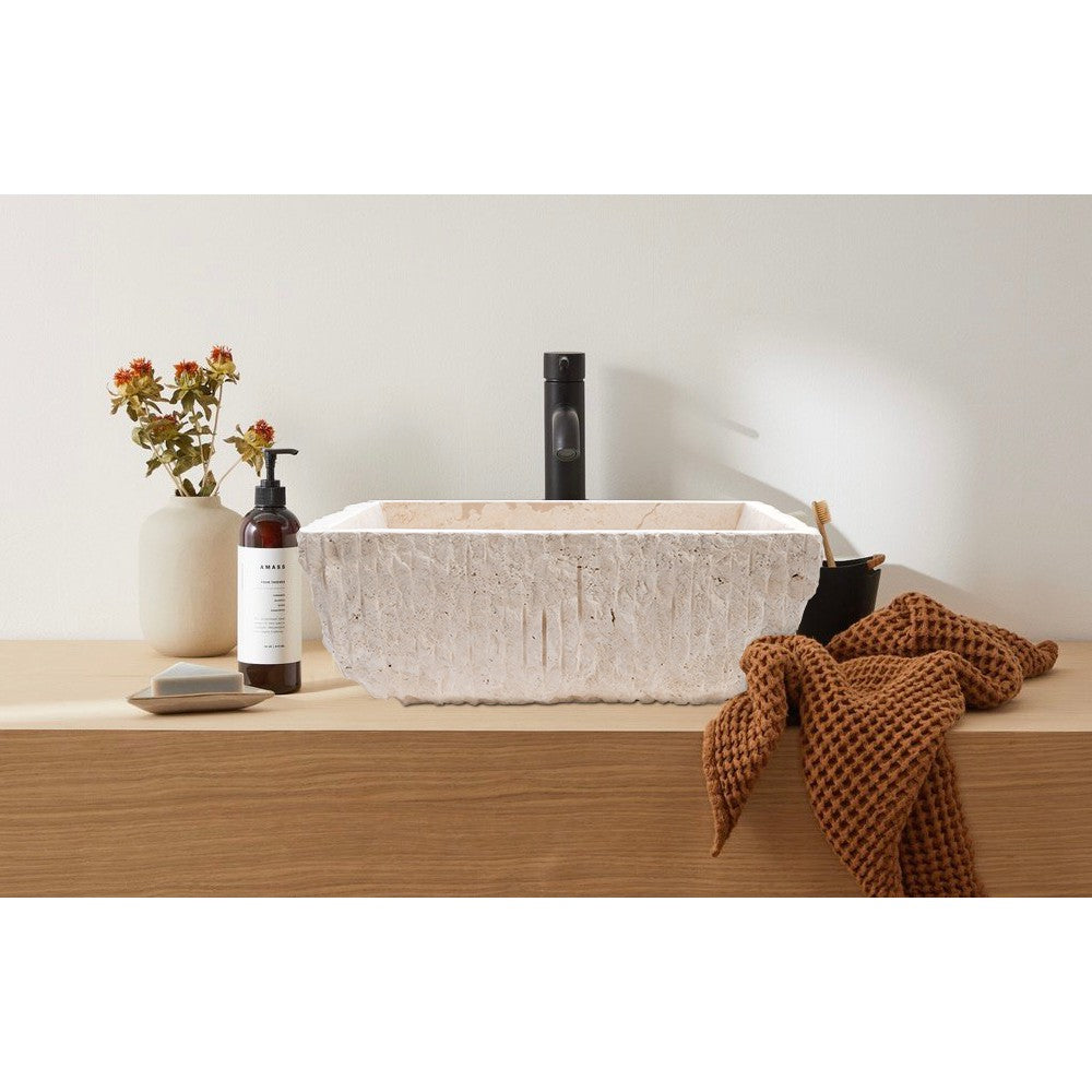 Light Turkish Travertine Natural Stone Rustic Vessel Sink Honed Hand Chiseled 12x17