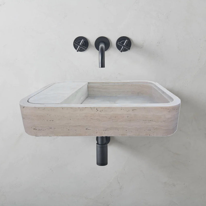 Beige Travertine Wall-Mount Bathroom Sink - Hidden Drain 16x24x5