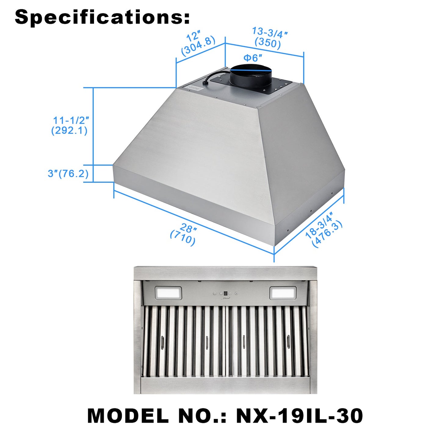 30“ Range Hood Insert, Ultra Quiet Stainless Steel 6" Ducted with 600 CFM Powerful Suction-NX-19IL-30