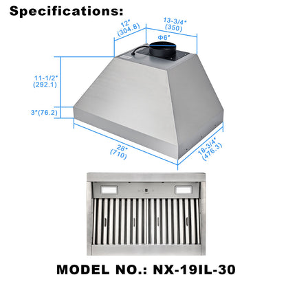 30“ Range Hood Insert, Ultra Quiet Stainless Steel 6" Ducted with 600 CFM Powerful Suction-NX-19IL-30