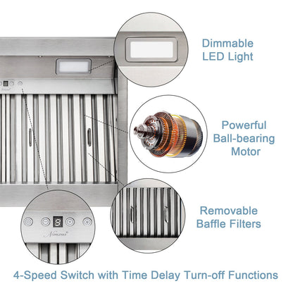 36" Range Hood Insert, Ultra Quiet Stainless Steel 6" Ducted with 600 CFM Powerful Suction-NX-19IL-36