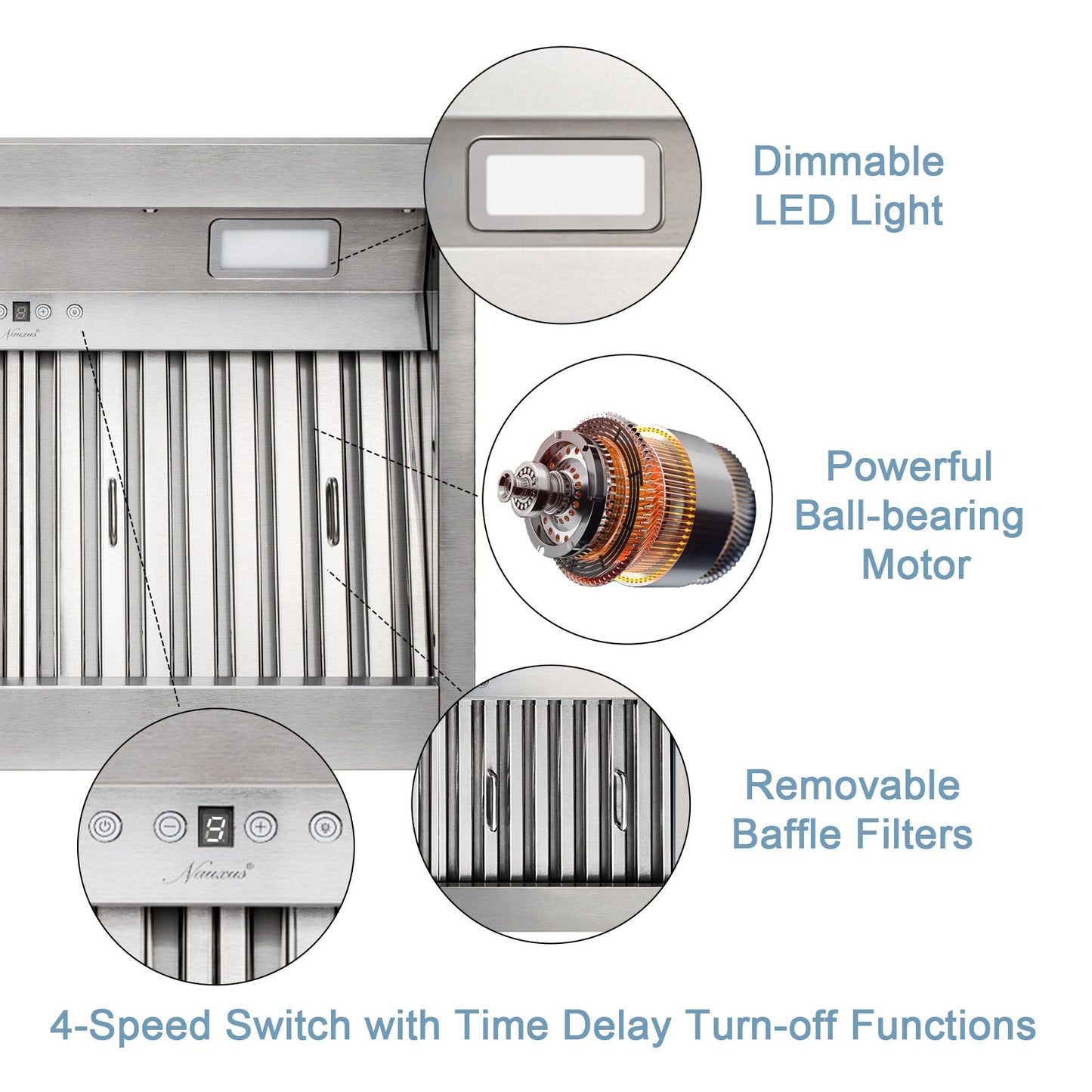 48" Range Hood Insert, Ultra Quiet Stainless Steel 8" Ducted with 1200 CFM Powerful Suction-NX-19IL-48