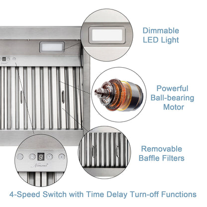 60" Range Hood Insert, Ultra Quiet Stainless Steel 8" Ducted with 1200 CFM Powerful Suction-NX-19IL-60