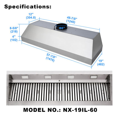 60" Range Hood Insert, Ultra Quiet Stainless Steel 8" Ducted with 1200 CFM Powerful Suction-NX-19IL-60