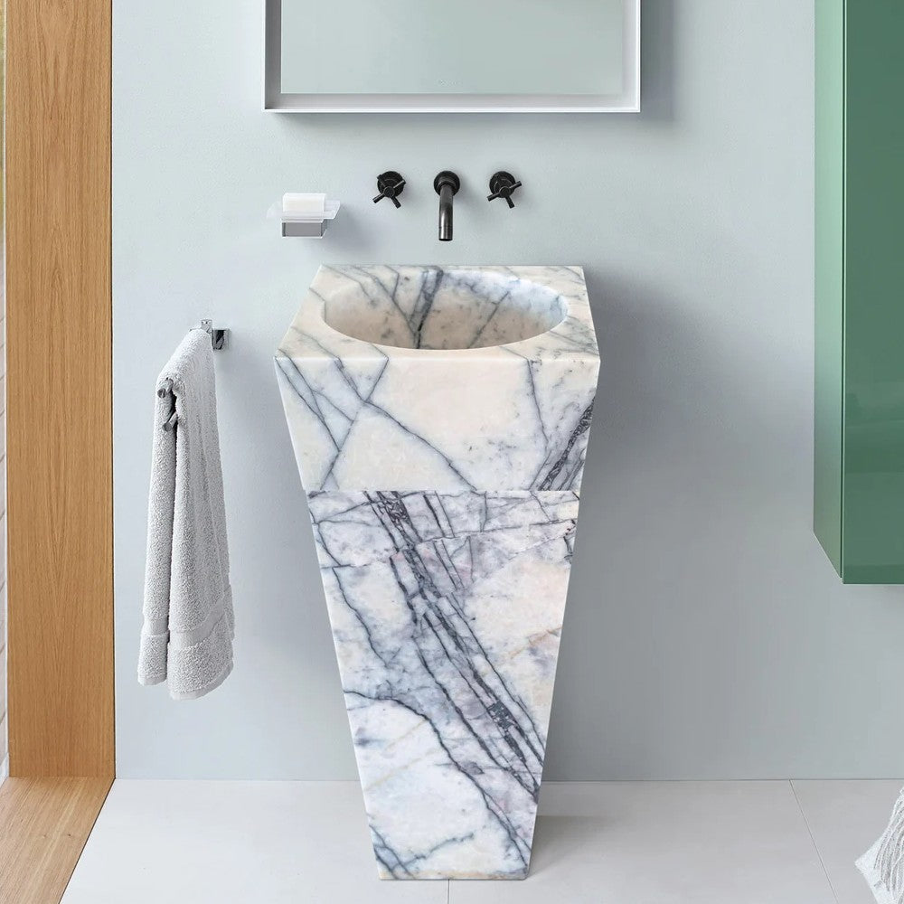 Turkish White Marble Sculptural Pedestal Cone Shaped Sink - Hand Polished 16x16x36