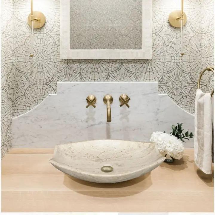 Handcrafted Natural Travertine Oval Polished Vessel Bathroom Sink Beige