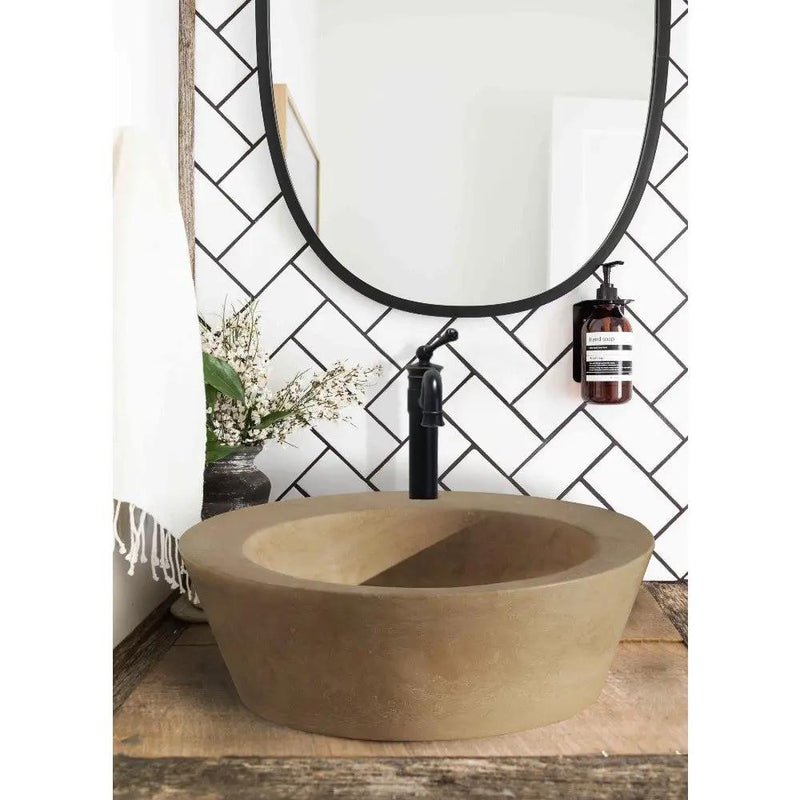 Handcrafted Travertine Natural Stone Round Beige Vessel Sink 16 Inch