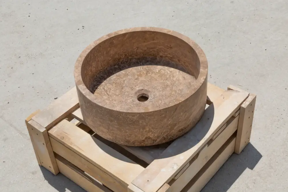 Noce Brown Round Travertine Vessel Sink 16 Inch Diameter
