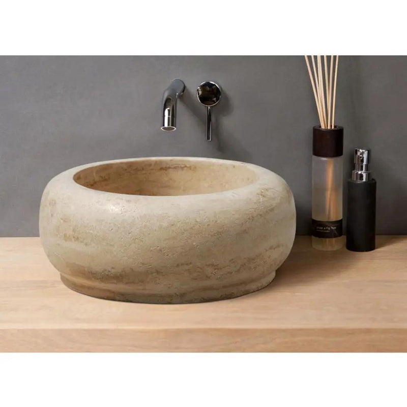 Large Travertine Round Vessel Bathroom Sink 18 Inch Beige Hone