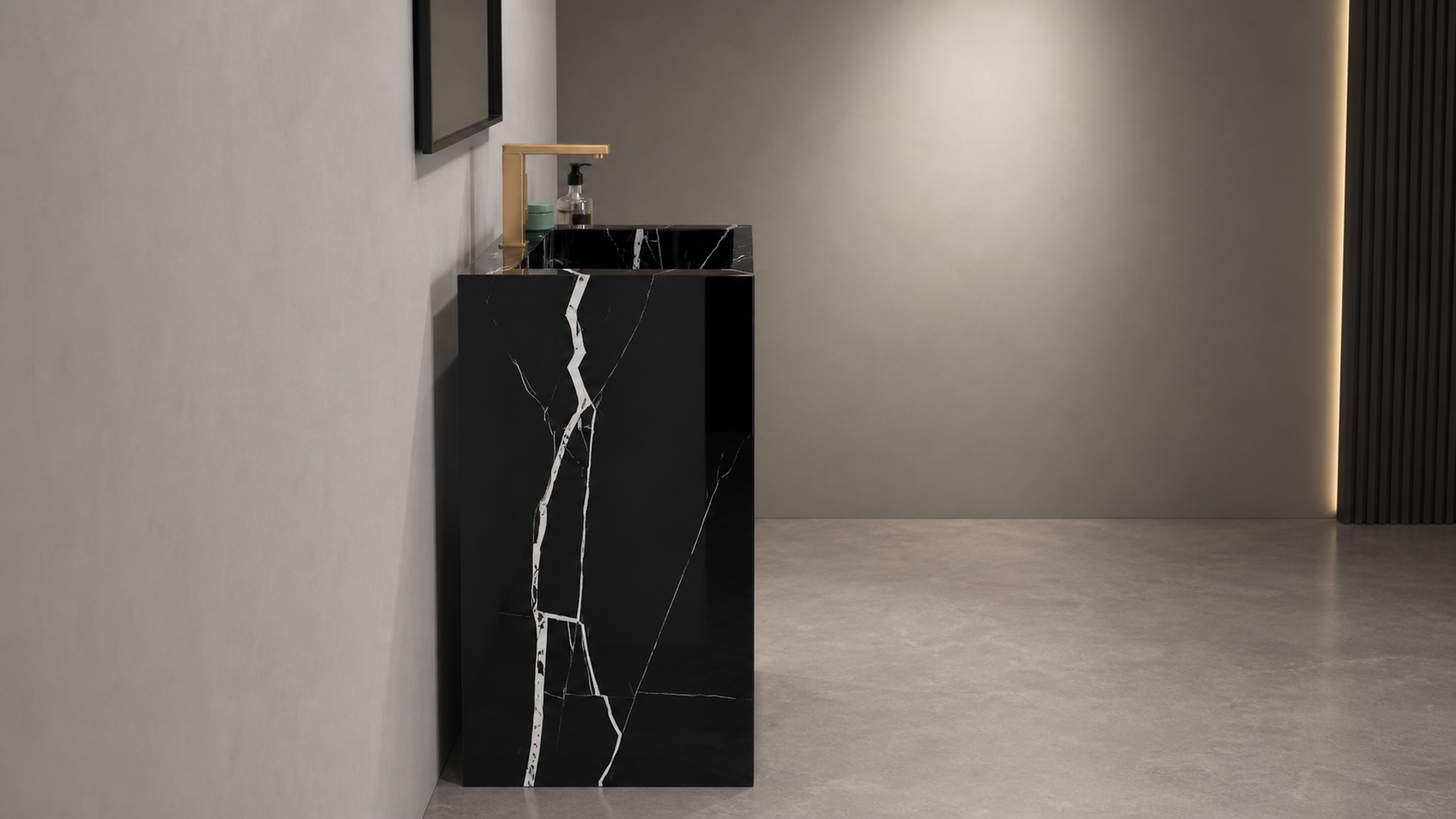 Black marble-patterned freestanding sink in a modern bathroom setting.