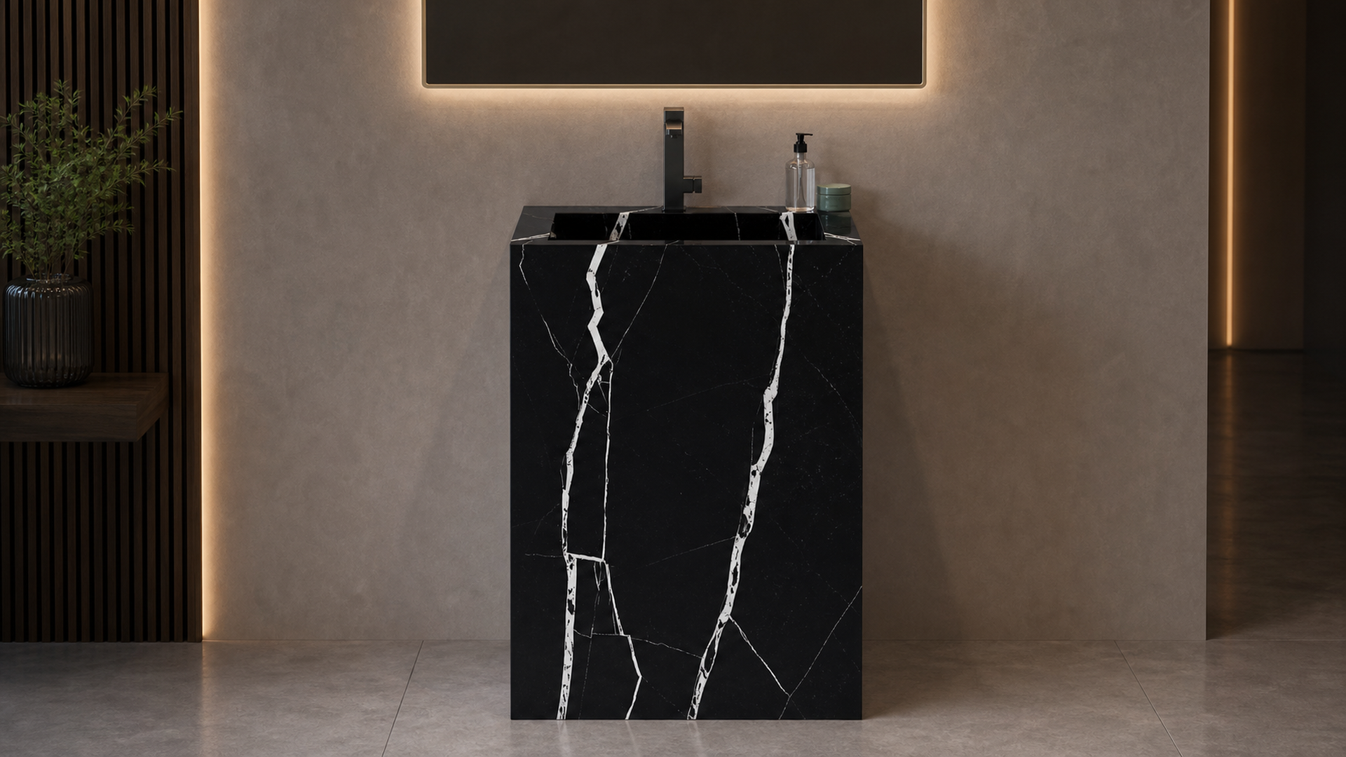 Black marble sink in a modern bathroom setting
