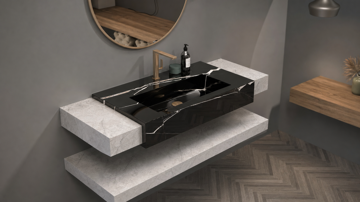 Modern bathroom vanity with black sink and marble countertop.
