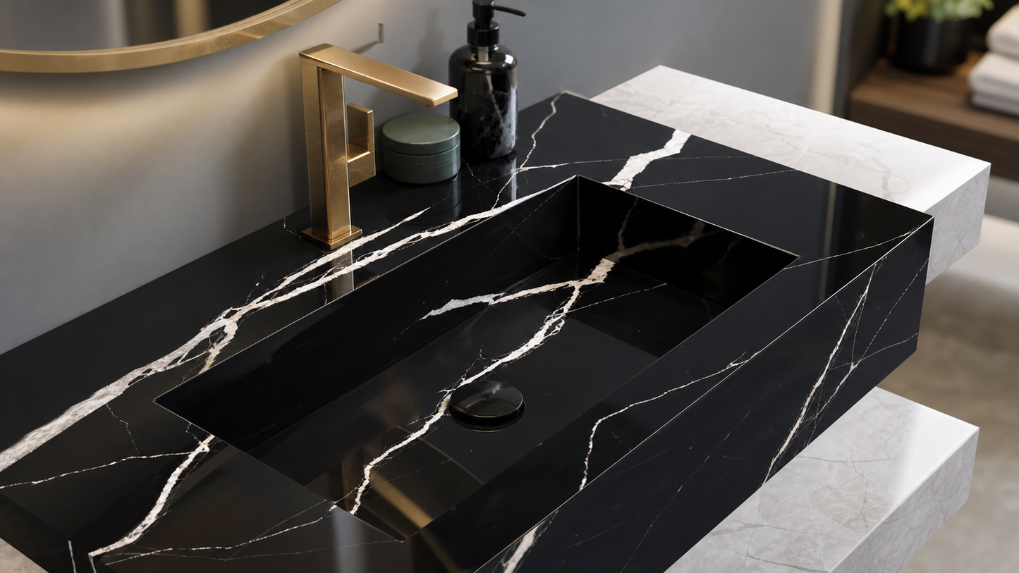 Black marble sink with gold faucet in a bathroom setting