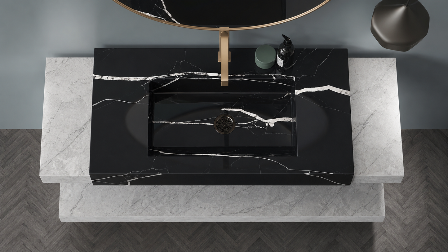 Bathroom vanity with black marble countertop and white marble base