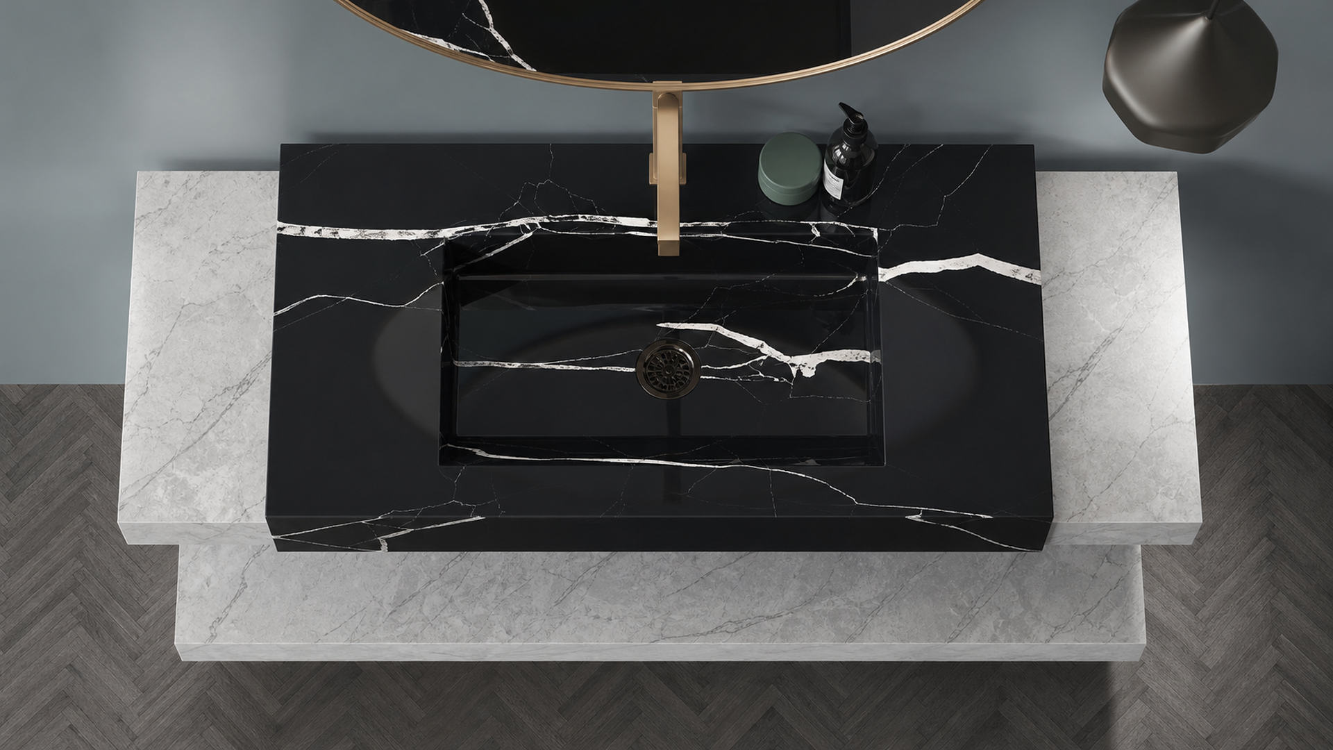 Bathroom vanity with black marble countertop and white marble base