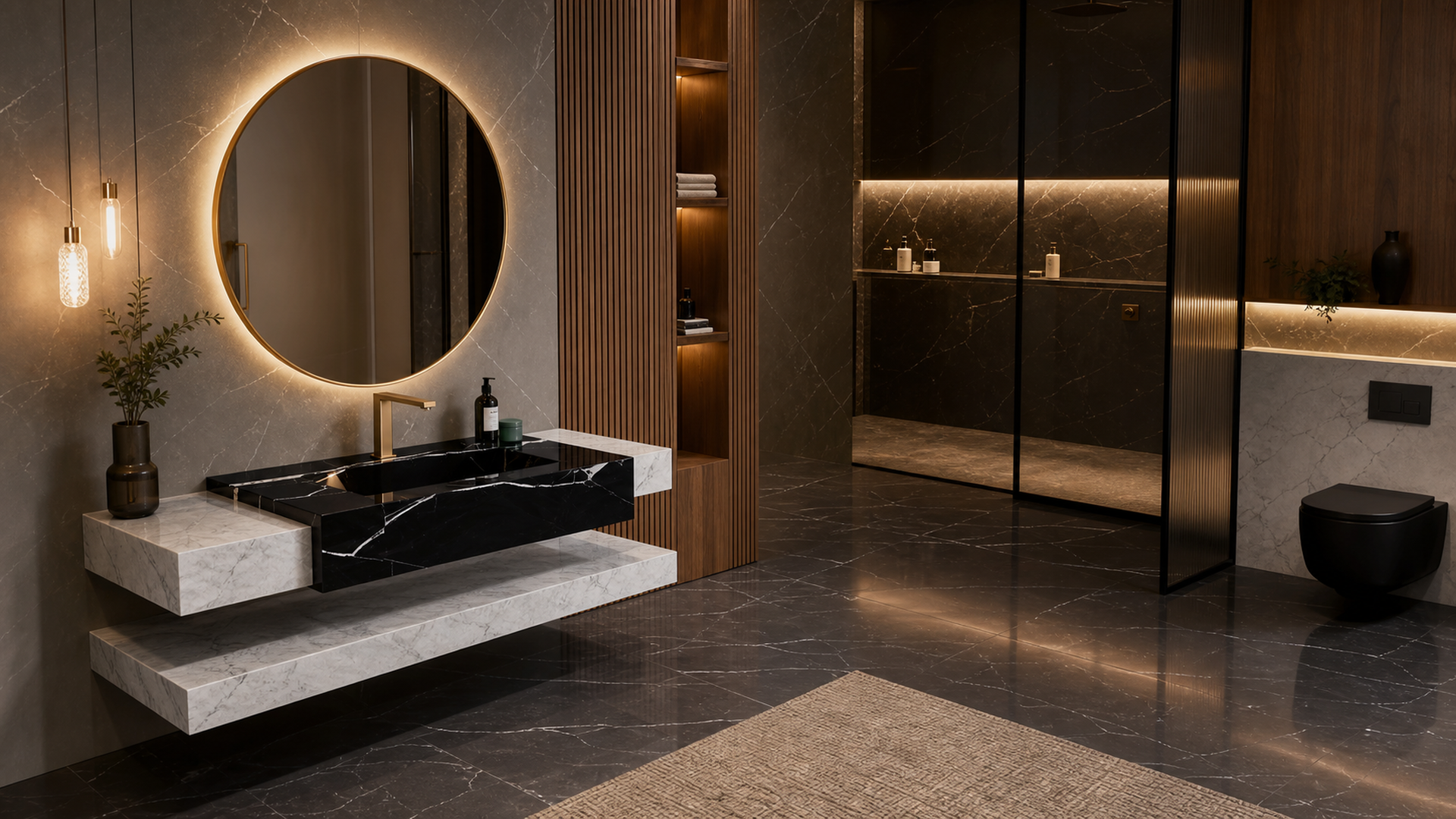Modern bathroom with a round mirror, sink, and decorative elements.