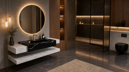 Modern bathroom with a round mirror, sink, and decorative elements.