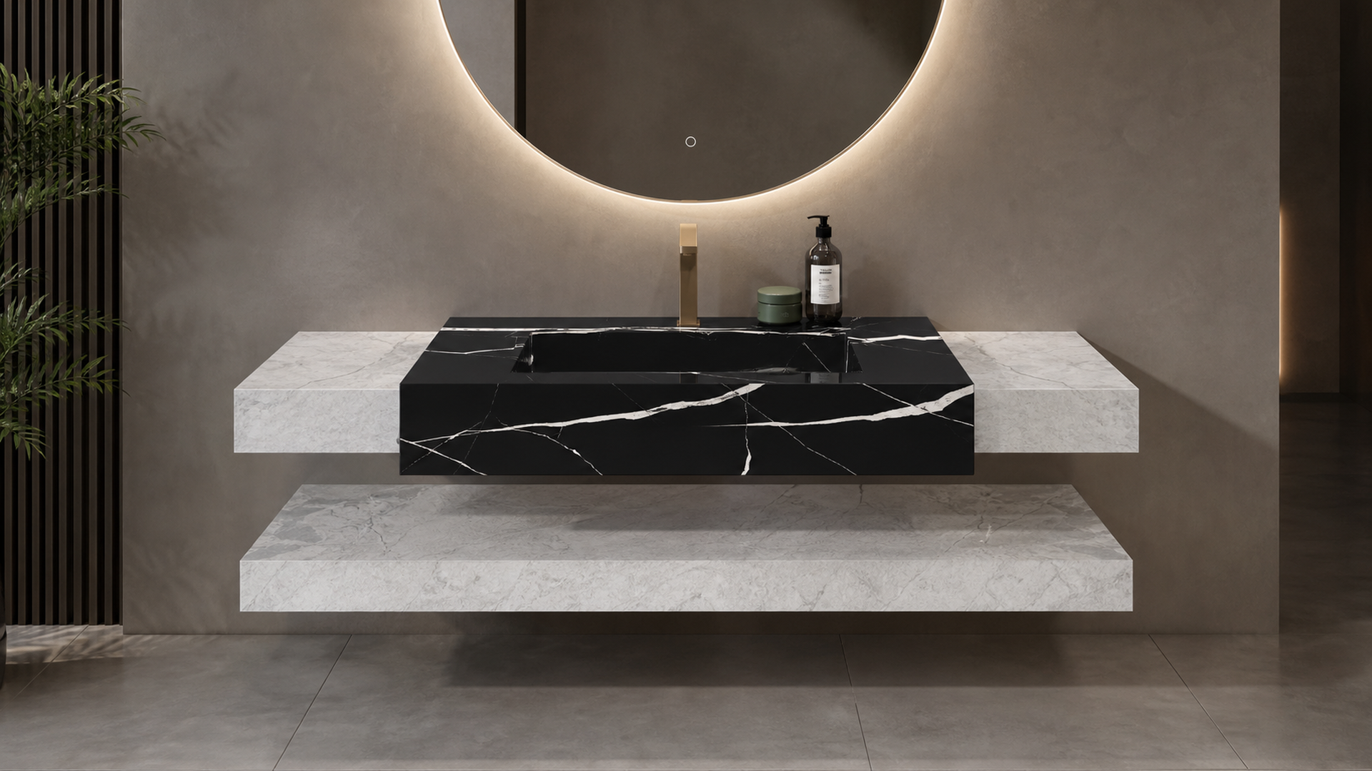 Modern bathroom vanity with black marble countertop and concrete shelves.