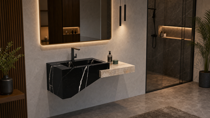 Modern bathroom with black marble sink and illuminated mirror