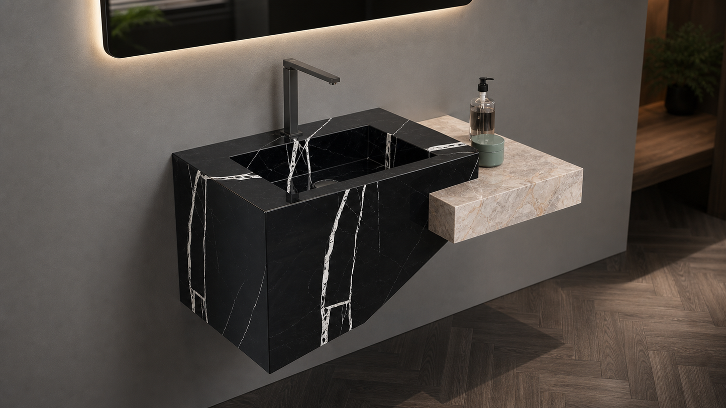 Modern black marble sink with a sleek faucet in a bathroom setting.