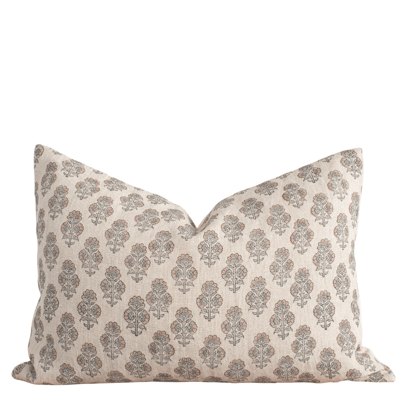 Calla Floral Block Printed Pillow Cover | Light Brown, Sage Green | Lumbar