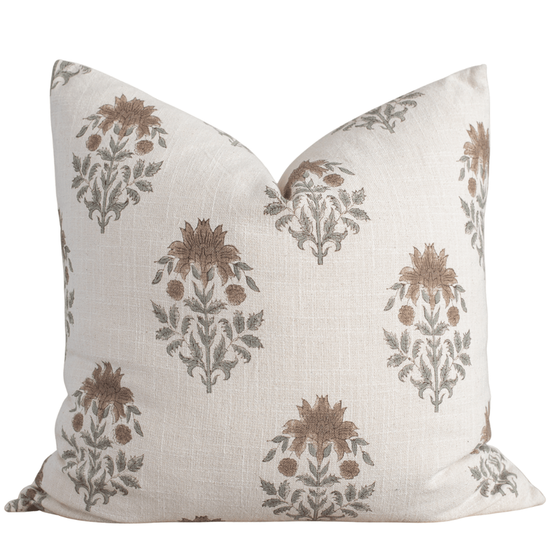Veda Floral Block Printed Pillow Cover | Brown, Green